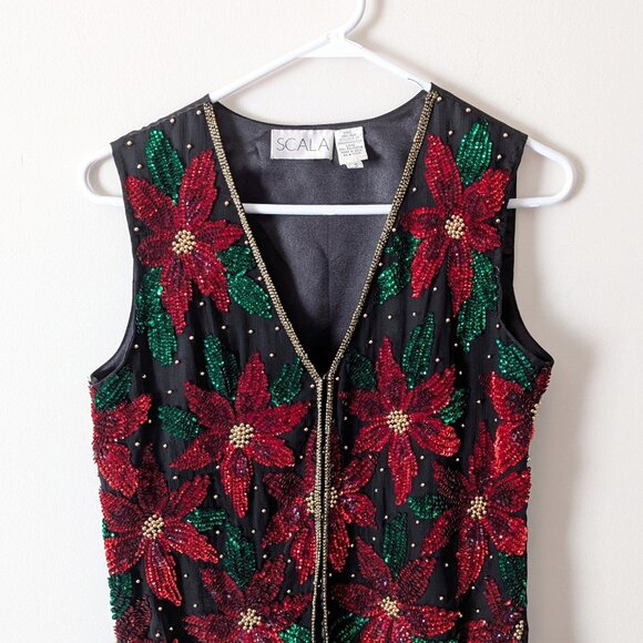 Vintage Scala 100% Silk Sequin Beaded Poinsettia Christmas Holiday Vest Size S - Picture 1 of 8
